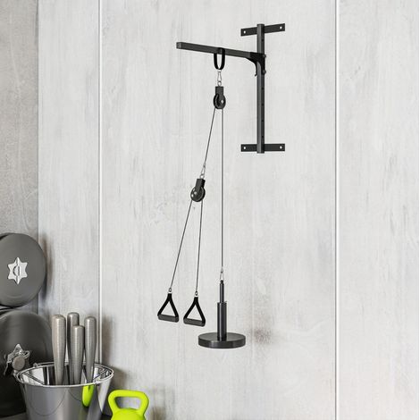 Polea de musculación mural negra de acero con barra recta y cuerda de tríceps OKMYHOME (1/5)
