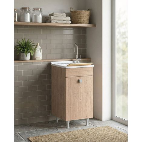 Mobile lavatoio Lina - Con 1 anta e lavatoio - Contenitore salvaspazio per bagno e lavanderia - Virginia - 46 x 89 x 51 cm (1/4)