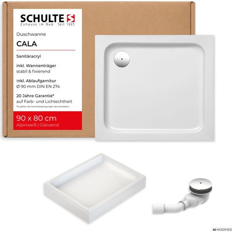 Schulte Duschwanne Cala 90x80 cm Weiß - Komplettset inkl. Wannenträger und Ablaufgarnitur, aus Hochwertigem Sanitäracryl