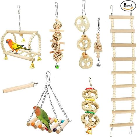 Jouets Oiseaux, Lot Jouet Perruches Ondulées, Balançoire, Échelle en Bois, Cloches, Jouets à Mâcher et Jeux Perruches, Perroquets, Calopsittes Petite et Moyenne Taille (1/5)