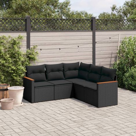 5-tlg. Garten-Sofagarnitur mit Kissen Schwarz Poly Rattan (1/5)