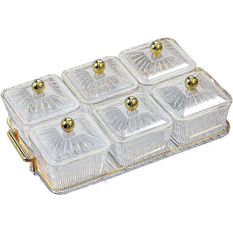 Servierplatte für Obstsnacks mit Deckel und Ablage, nordischer Aufbewahrungsbehälter für Süßigkeiten-Clear 6 Bowls (1/5)