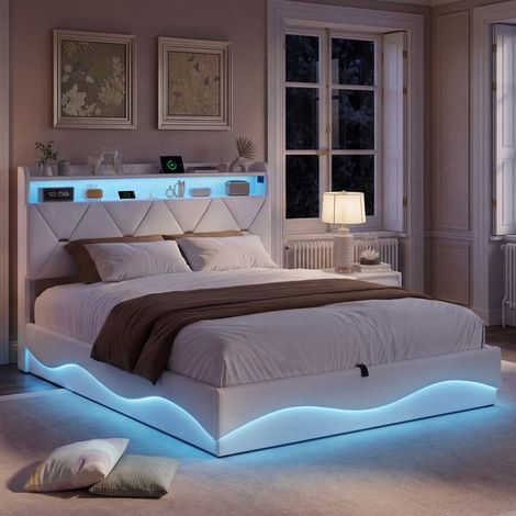 Letto con contenitore - Letto matrimoniale 140x200 cm - Velluto beige - Contenitore idraulico 81 cm - LED multicolore e stazione USB-C