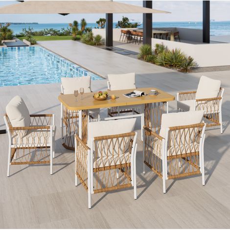 Ensemble de mobilier de jardin en fer blanc et rotin PE beige/brun/naturel, 1 table 159,5 cm et 6 chaises avec coussins (1/5)