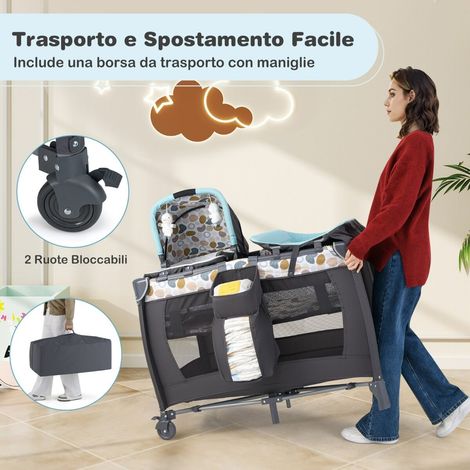 Parc bébé pliable bleu 5 en 1 avec berceau à bascule, table à langer et sac de transport pour chambre, voyage et maison (1/5)
