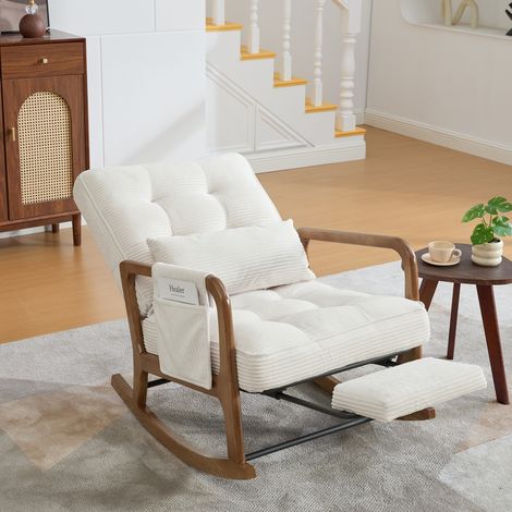 Poltrona a dondolo con poggiapiedi, cord beige, schienale reclinabile e tasca laterale HAVRYA (1/5)