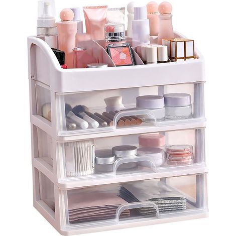 Organisateur de coiffeuse transparent à 3 tiroirs, grand rangement en plastique pour maquillage, bijoux et fournitures de bureau (1/5)