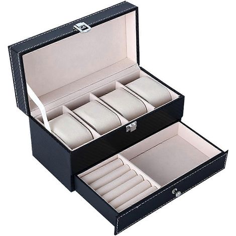 Boîte à bijoux multifonctionnelle à 4 compartiments, double couche, en cuir PU, pour montres, colliers, boucles d'oreilles, bracelets et bagues. (1/5)