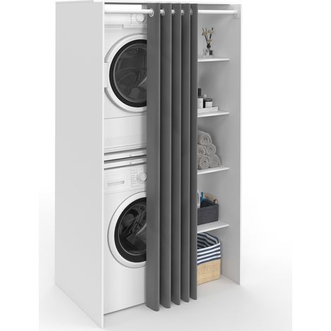 Idmarket – Meuble machine à laver double avec rideau coulissant gris – Dimensions L. 100 x l. 65 x H. 180 cm – Panneaux mélaminés blancs