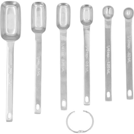 Set di 6 cucchiai dosatori rettangolari in acciaio inox, con tacche chiare e precise, facili da pulire grazie all'anello, utensili da cucina, colore argento. (1/5)