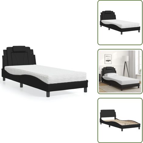 The Living Store Lit avec matelas noir 90x200 cm similicuir - Lit Double - Lit Avec Matelas - Lit Design - Lit Moderne - Lit Confortable
