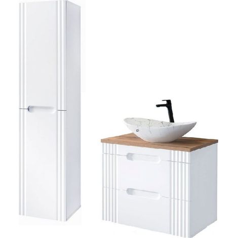Meuble vasque à poser 80 cm + colonne murale Oceanie White - Livraison gratuite