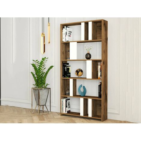 Dmora - Libreria Algieba, Scaffale da ufficio, Mobile portalibri, Biblioteca, 90x20h180 cm, Noce e Bianco, con imballo rinforzato, con imballo rinforzato (1/5)