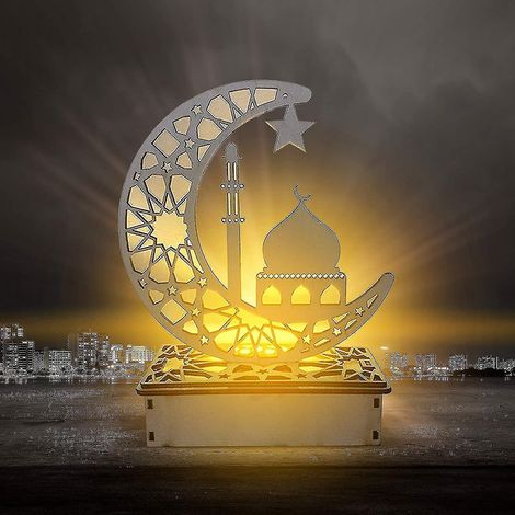 Lampe en bois LED Eid Mubarak Ramadan, décoration pour le festival musulman du Ramadan, croissant et étoile, gratuite (1/4)