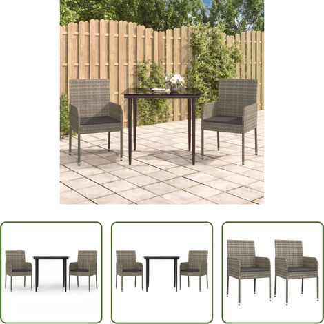 vidaXL Rattan - 3-tlg. Garten-Essgruppe mit Kissen Schwarz und Grau Poly Rattan (1/5)