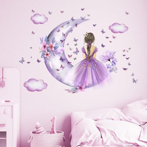 Papillons Et Fées Autocollants Muraux Pour Chambre De Filles Avec Nuages Lune Et Fleurs Déco Murale Artistique Enfant Violet (1/4)