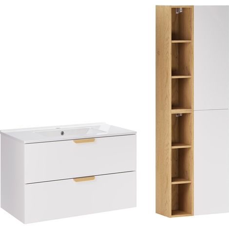 Ensemble meuble simple vasque encastrée 80cm et colonne Oria Blanc mat (1/5)