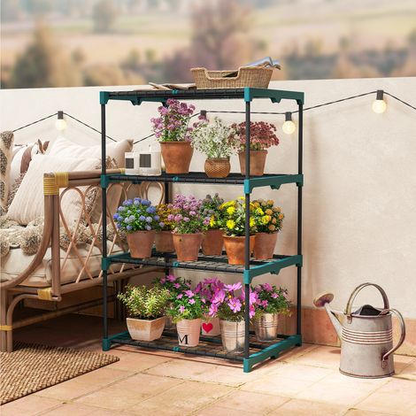 4-stöckiges Blumenregal aus Stahl, Pflanzenständer für drinnen und draußen, für Garten, Balkon, Wohnzimmer, 67 x 49 x 105 cm, Grün