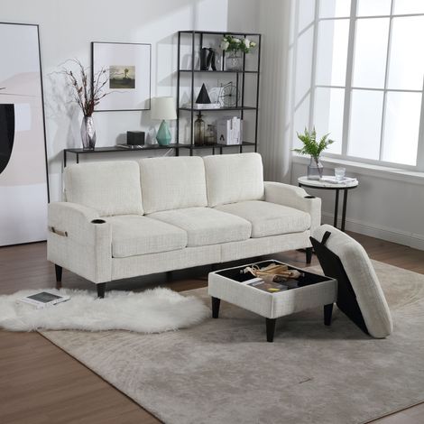 Canapé d'angle 4 places 196,5 x 75 x 77 cm avec repose-pieds, tissu chenille, avec poches de rangement, canapés confortables, beige (1/5)