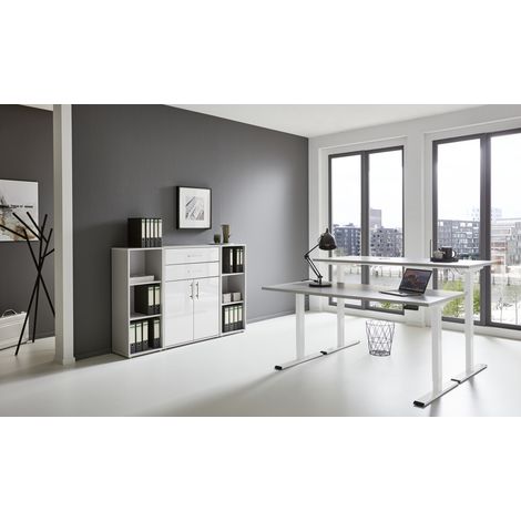 BMG Möbel Büromöbel-Set, e-Office Edition Set 13, Schreibtisch höhenverstellbar, 138 cm, grau/ weiß hochglanz