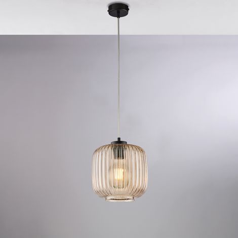 Sospensione in ferro laccato nero con cavo elettrico regolabile e diffusore in vetro soffiato ambra con decoro rigatura in rilievo 1 luce H.25 - MAX 125 - Ø20