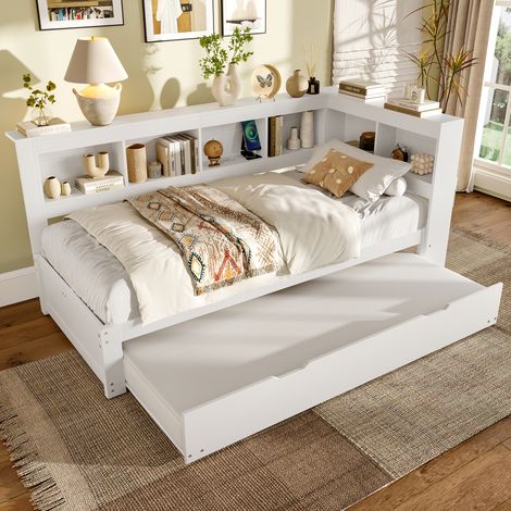 Lit de jour 90×200cm blanc,canapé lit roulant,prise et 2 USB,base à lattes,lit fonctionnel sans matelas (1/5)