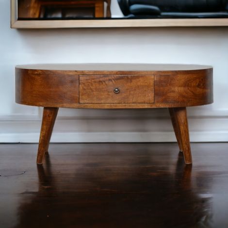 Table basse ronde en châtaignier massif avec 2 tiroirs – couleur marron foncé (1/5)