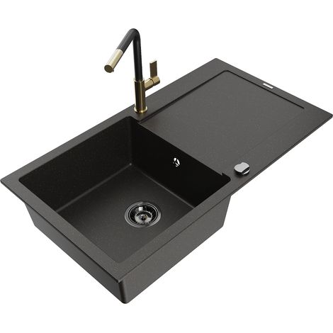 Mexen Leo lavello in granito a 1 vasca con scolapiatti e rubinetto da cucina Flora, nero/oro metallizzato - 6501-75-670401-57-B (1/5)