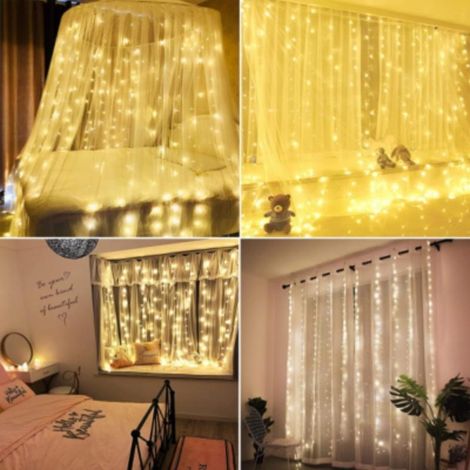 Silamp – Guirlande lumineuse d'extérieur 3x3M 300 LED – Blanc chaud – Alimentation USB – Indice de protection IP44 – Télécommande incluse