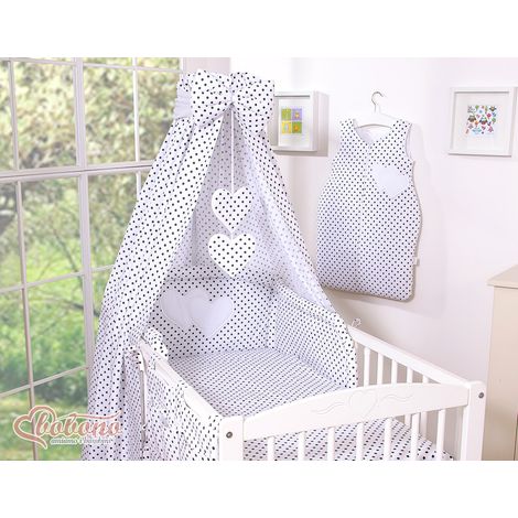 Ciel de lit en tissu - Cœurs à pois noirs sur fond blanc (1/2)
