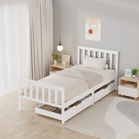 WestWood Wood Single Bed Frame with Pull Out Storage Drawers Kids Adults White (1/5)