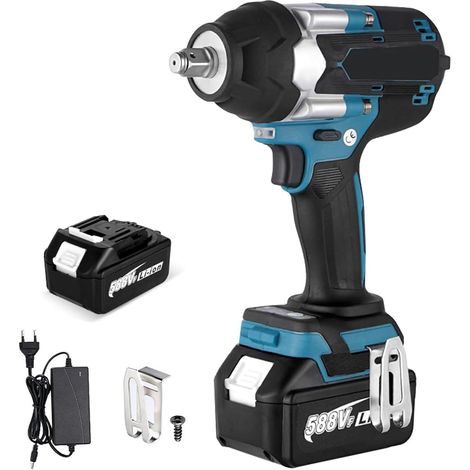 1800N.M Clé à Chocs Sans Fil,1/2 Pouce Boulonneuse a Choc, Compatible avec Makita 18V,Clé à Chocs Multifonction avec Lumière LED,avec 1 batterie, 7200 tr/min,5 vitesses,pour voiture et maison (Bleu) (1/5)