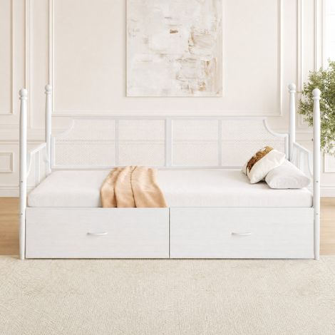 DESMIU Lit banquette 90 × 200 cm 1 place avec 2 tiroirs, sans matelas, en métal, blanc (1/4)