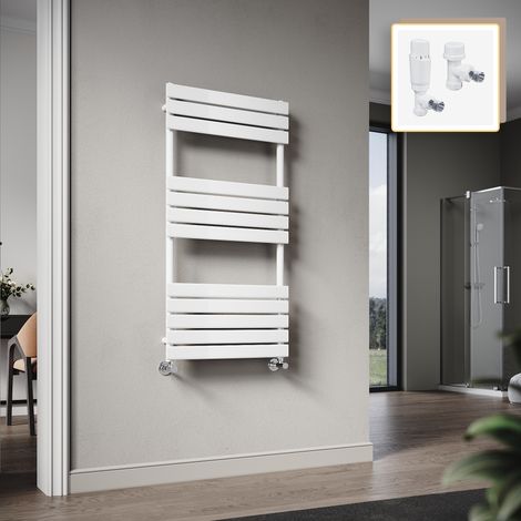 Elegant 1200 x 600mm Heated Towel Rail White Flat Panel Design Tower Hanger, Modern Bathroom Radiator, Wall Mounted Ladder + White Thermostatic Radiator Valves (1/5)