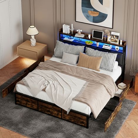 Lit capitonné en métal 180x200 cm, avec tête de lit éclairage LED et 4 tiroirs, lit double avec sommier à lattes et cadre de lit en métal, pour adultes et adolescents (1/5)
