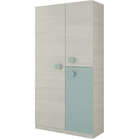 Guardaroba 3 ante Aronia, Armadio per cameretta, Mobile 3 ripiani con barra appendiabiti, 90x52h200 cm, Grigio e Verde acqua