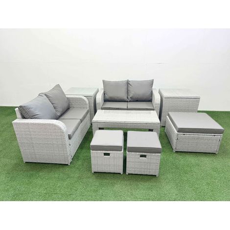 Fimous 7 Seater Outdoor Love Sofa Set Rattan Garden Furniture Set with Oblong Coffee Table 3 Footstool 2 Side Tables Light Grey (1/4)