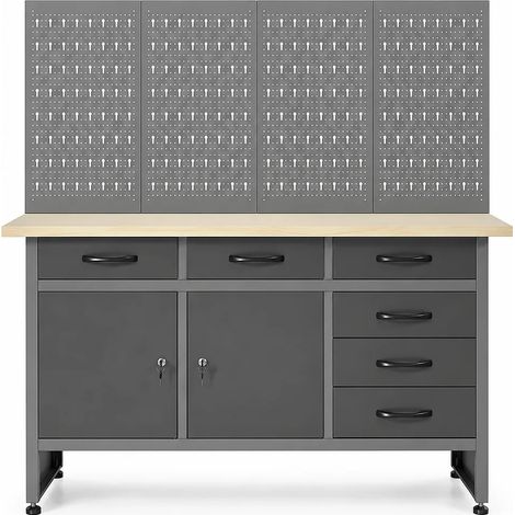 Établi avec plateau en bois et panneau perforé en acier - L160 x P60 x H145 cm - Gris - BRICANO (1/5)