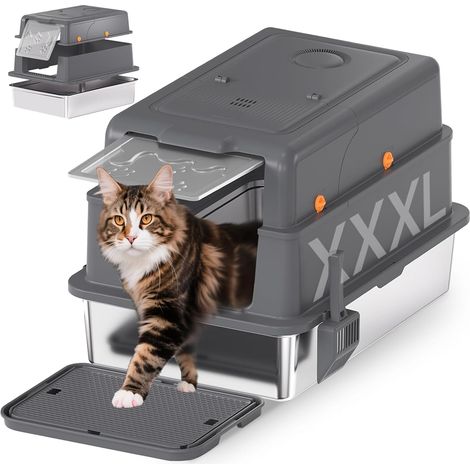 Cat Litter Tray XXXL Stainless Steel with Lid 70 x 50 x 45 cm Extra Large with Scoop and Pedal Closed Metal Leak-Proof Grey (1/5)