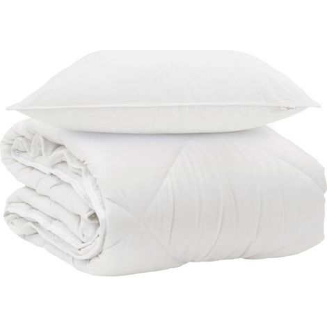 Housse de couette toutes saisons (taie d'oreiller incluse), ensemble deux pièces, microfibre blanche. (1/5)