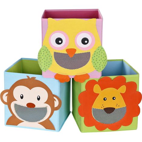 Lot de 3 Boîtes de Rangement, Organisateurs Jouets, Cubes Pliables, pour Salon, Chambre Enfant, Salle de Jeux, 27 x 27 x 27 cm, Motifs Animaux, Multicolore RFB01KU
