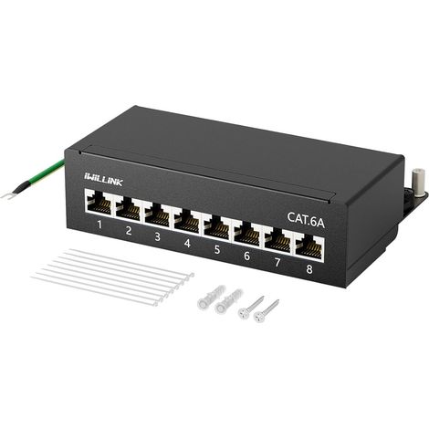 CAT6a 8 Port Shielded Patch Panel 8 x RJ45 Female LSA Patch Panel Patch Panel Wall Mount Desktop Black Montage en rack de 25,4 cm, panneau de brassage de bureau, noir (1/5)