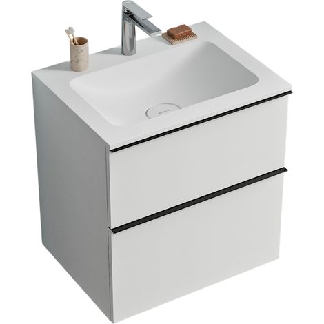 Unterschrank Bernstein LAVOA 60 cm mit Mineralguss Waschbecken CREAM - Badmöbelfarbe Weiß matt, Griff Schwarz matt, Waschbecken Weiß matt mit Hahnloch