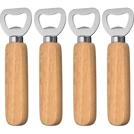 Juego de 4 abridores de botellas, acero inoxidable, mango de madera, diseño elegante, para bar y hogar. (1/5)