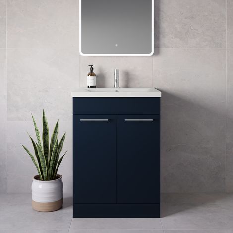 Napoli 460 Deep Blue 600mm 2 Door Vanity Unit with Glide Basin - 600mm - Chrome 160mm Handle