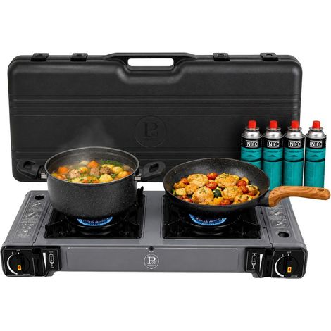Réchaud à Gaz 2 Feux 3800W Allumage Piezo + 4 Cartouches gaz Butane - Cuisinière à gaz Portable Camping Cuisine Extérieure INTEC (1/5)