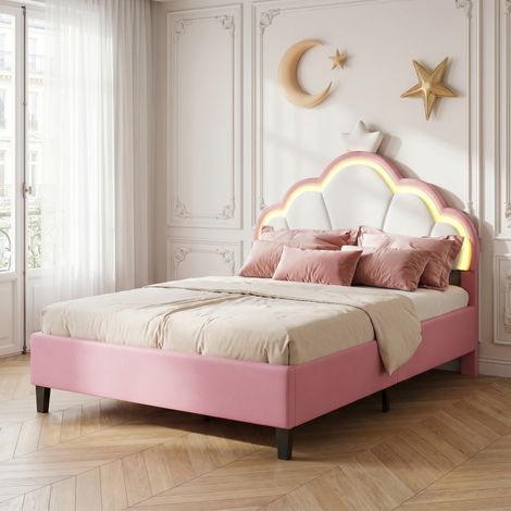 Lit princesse 140x200, Tête de lit couronne avec éclairage LED, sommier à lattes, velours, Hauteur réglable - Rose (1/5)