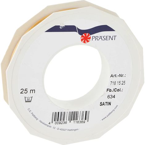 PRÄSENT C.E. PATTBERG Nastro raso colore oro, nastro di raso per impacchettare regali, lungh. 25 m, largh. 15 mm, nastro per pacchi regalo, per decorare e bricolage, per varie occasioni (1/3)