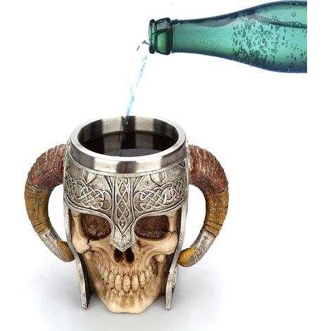 Bierkrug aus Edelstahl mit Totenkopfmotiv, Wikinger-Bierkrug mit Krieger-Totenkopfmotiv, Mittelalterlich (1/5)