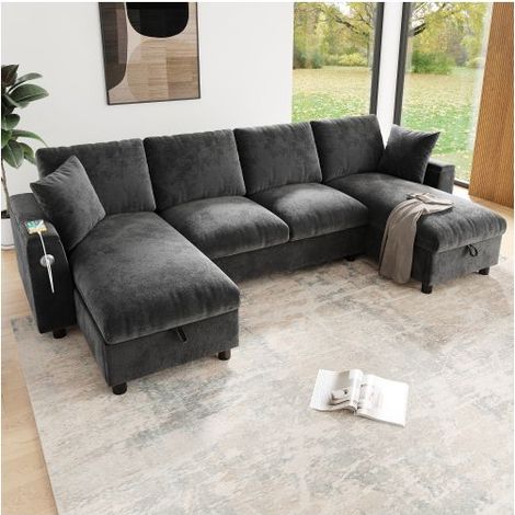 Canapé Modulable 279x135x84cm Tissu Chenille Gris - Canapé d'angle - 4 Places en U, Grand Coffre, Port USB/Type-C, Mousse+Ressorts (1/5)